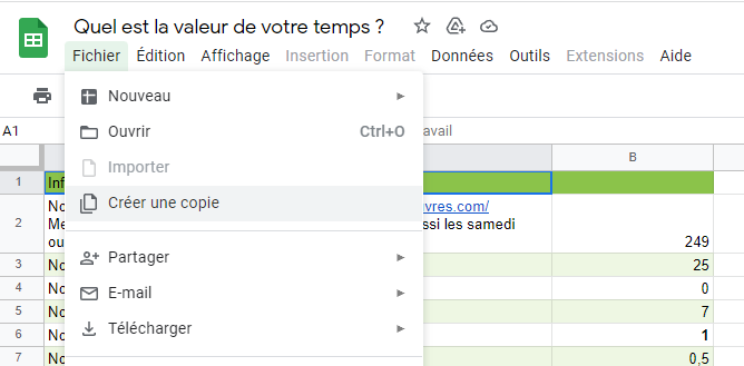 Comment créer une copie de la feuille de calcul pour déterminer la valeur de son temps.