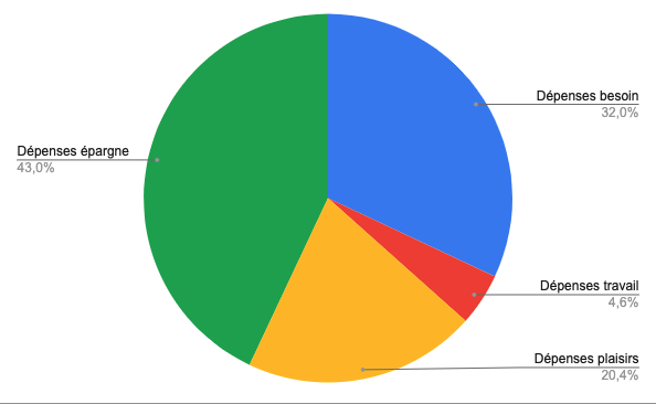 Graphique camembert contenant les dépenses des besoins à 32%, travail 5%, plaisirs à 20% et épargne à 43%.