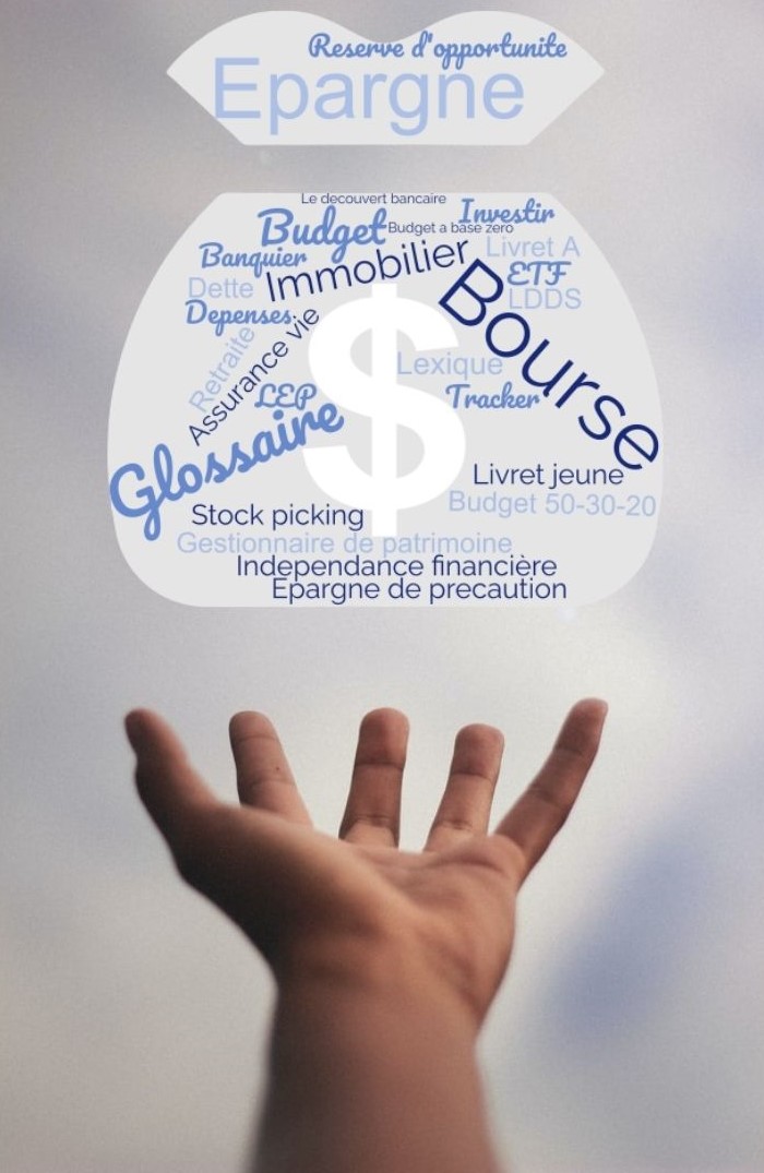 main qui tient un ensemble de mots financiers dans un sac d'or