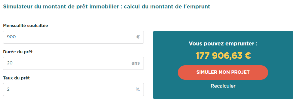 900€ de mensualité, 20 ans de prêt et 2% de taux, nous obtenons une capacité d'achat immobilier de 177906€