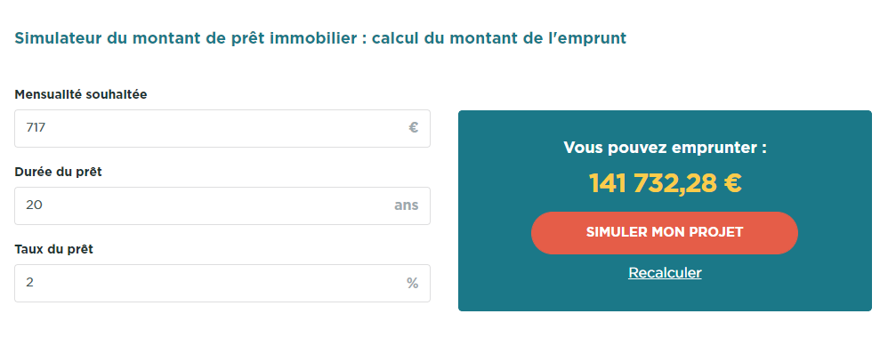 717 € sur 20 ans à un taux de 2% donne 141 732€