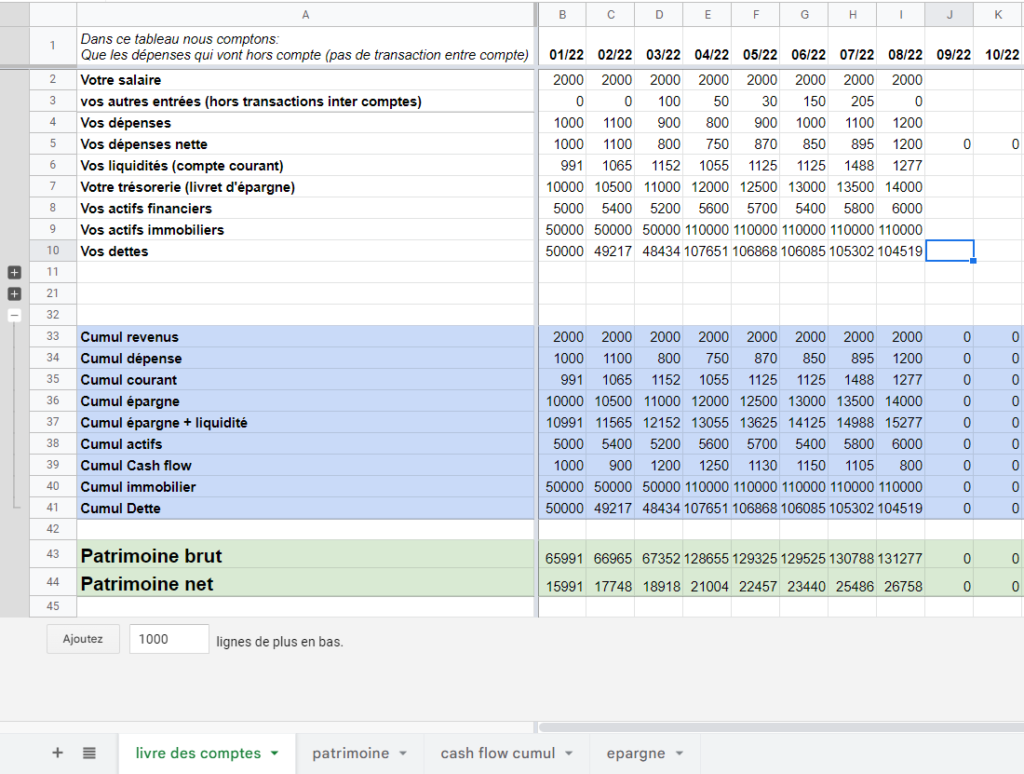 Outil de pilotage des finances personnelles. Où renseigner les données.