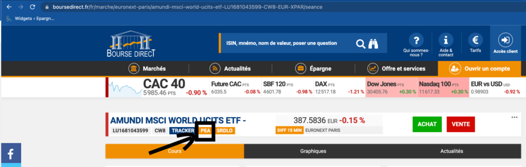 Compte bourse direct avec PEA marqué sur un ETF sélectionnable