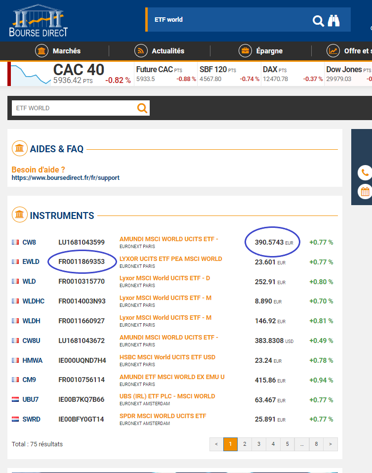 interface courtier avec résultat de recherche